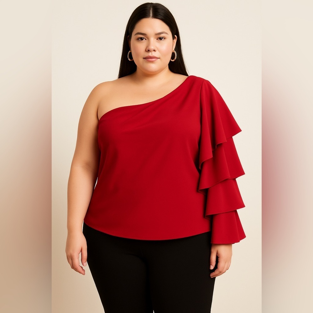 Eloquii Studio Burgundy  One-Shoulder Ruffled Sleeve Blouse.     Size-16